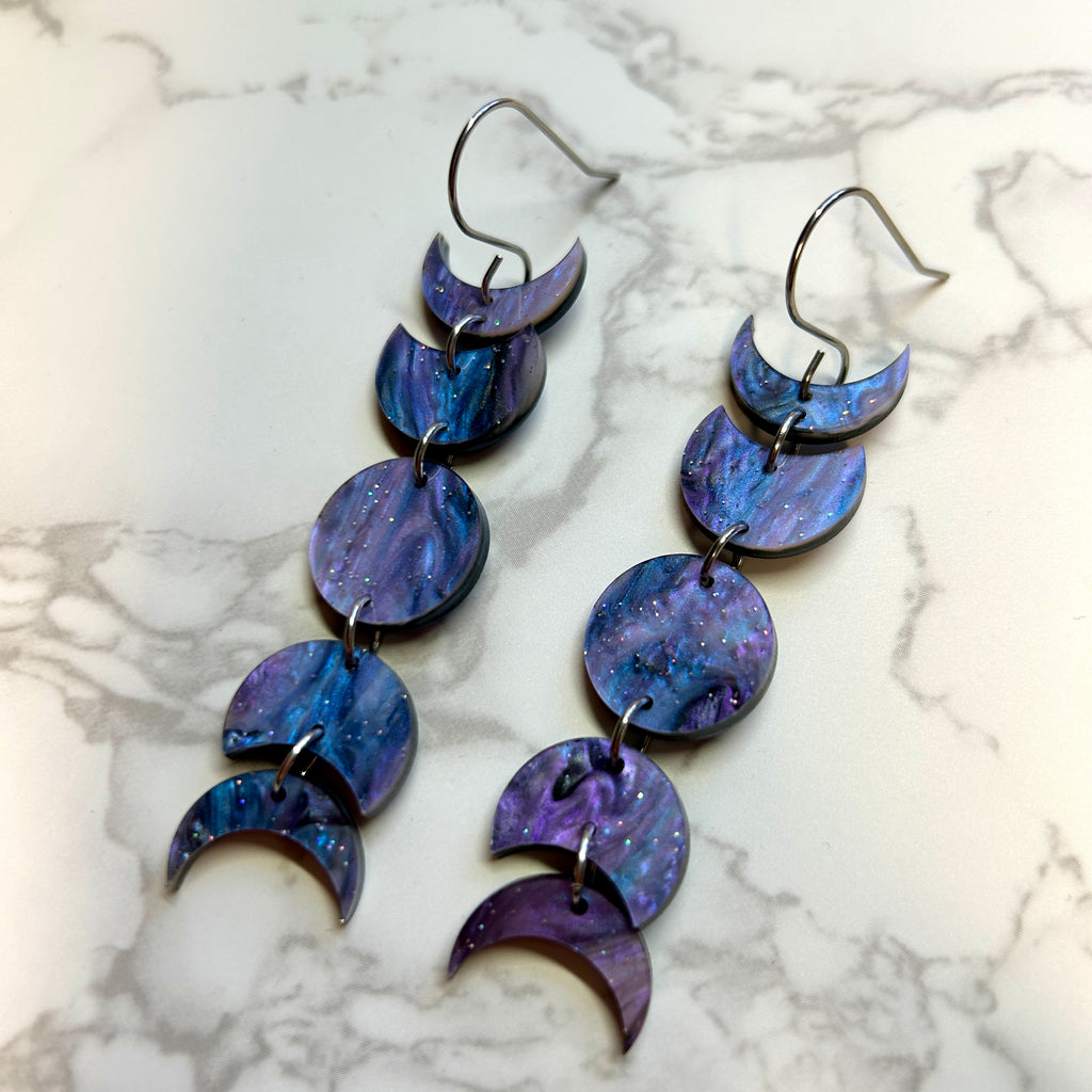 Purple and Blue Sparkle Acrylic Moon Phase Earrings