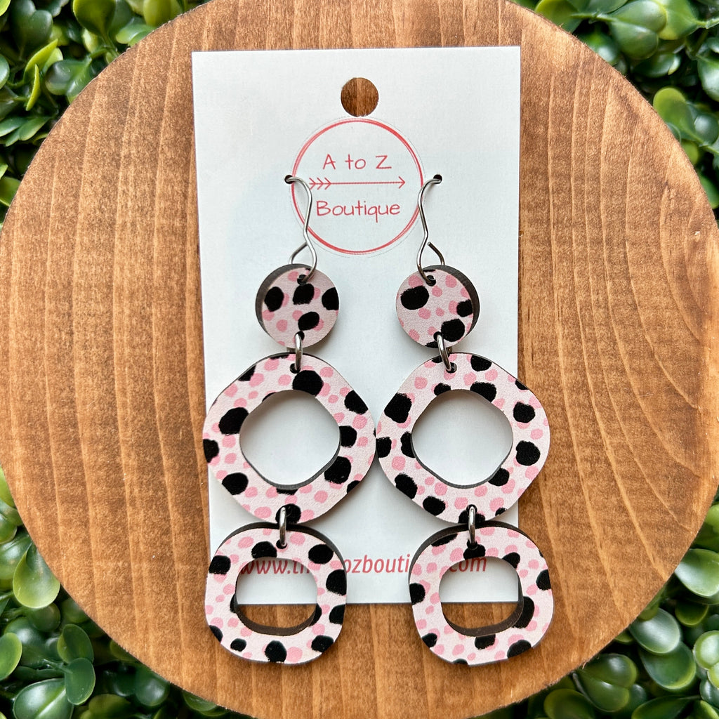 White Pink and Black Leopard Triple Circle Earrings