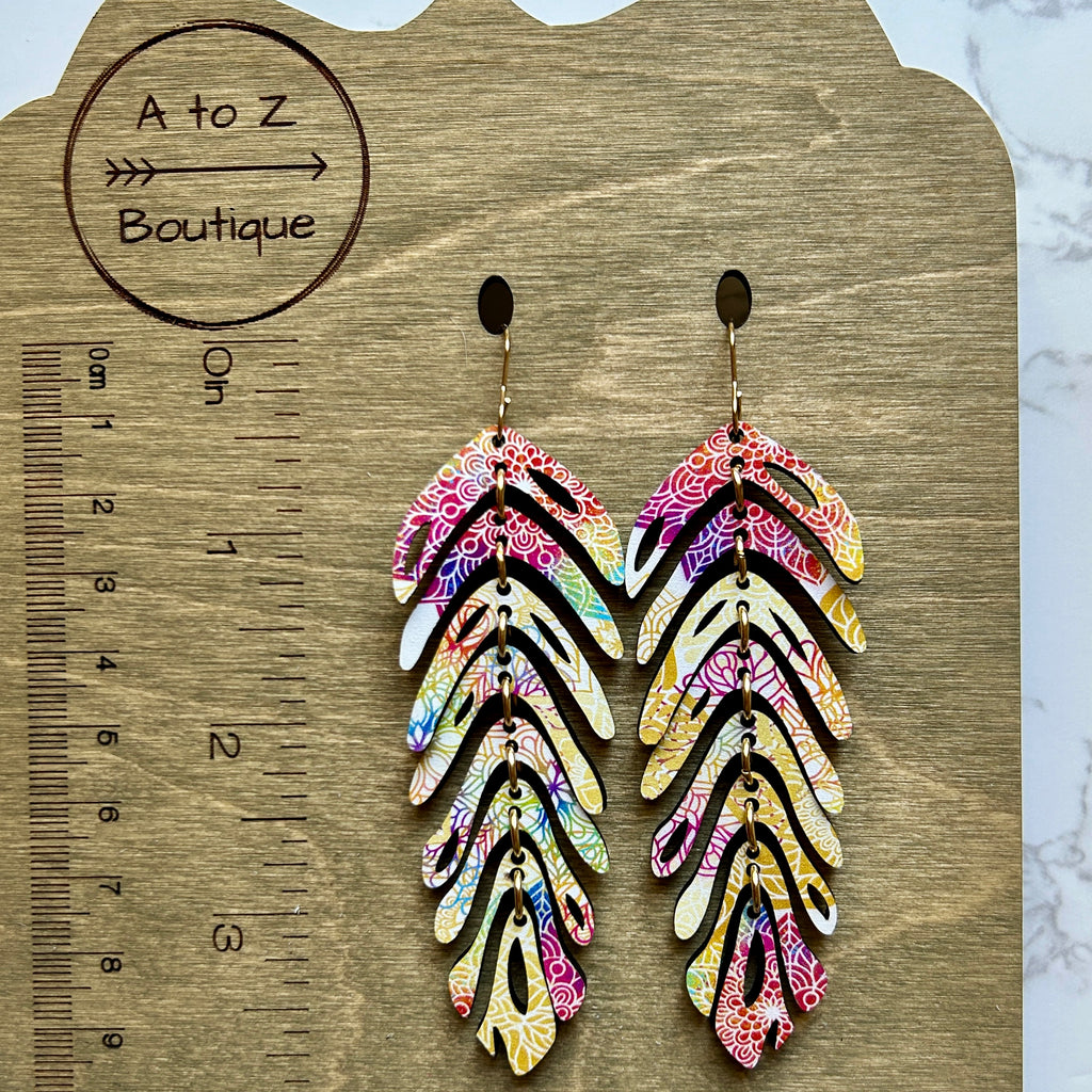 Yellow Rainbow Wood Feather Earrings