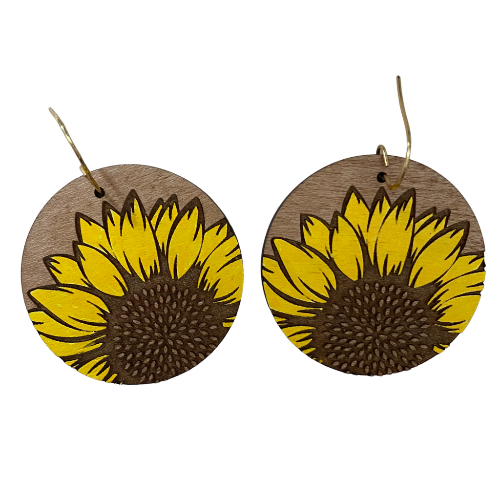 Round Sunflower Wood Hand Painted Earrings