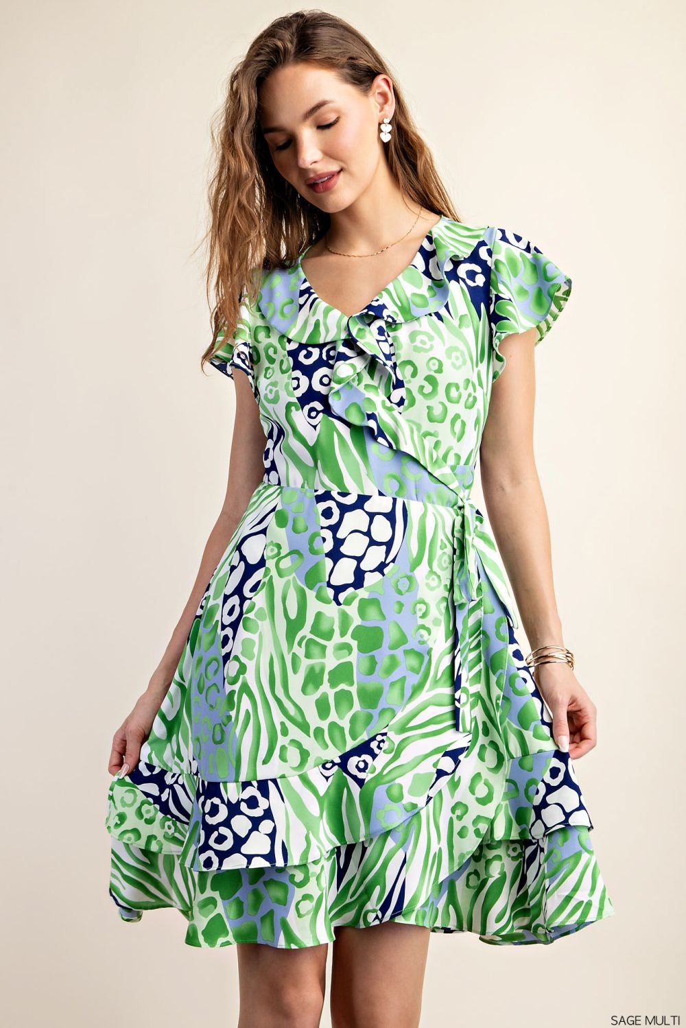 Green and Blue Ruffle Wrap Dress The A to Z Boutique Green and Blue Ruffle Wrap Dress The A to Z Boutique