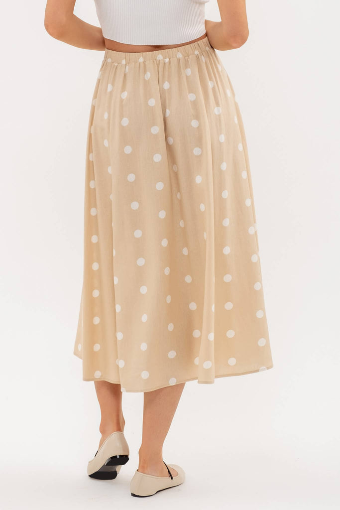 Tan and White Polka Dot Midi Skirt