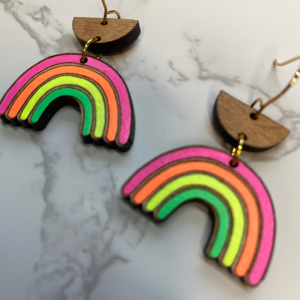 Neon Rainbow Wood Hand Painted Earrings