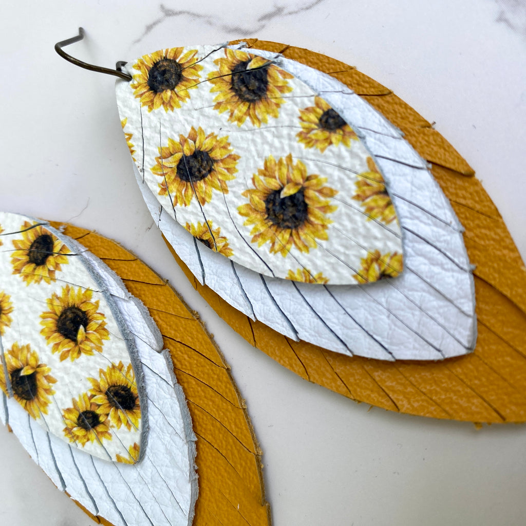 White Sunflower Large Leather Feather Earrings
