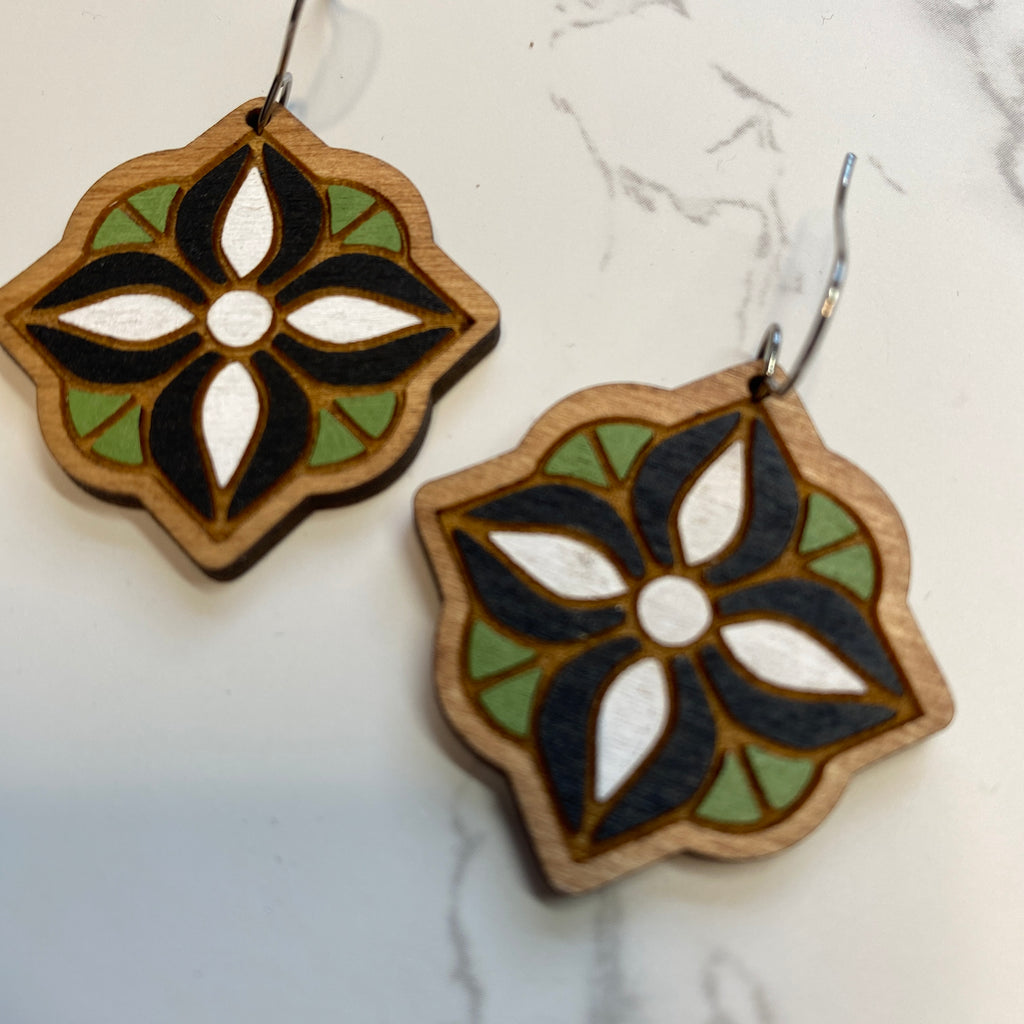 Olive Black and White Hand Painted Earrings