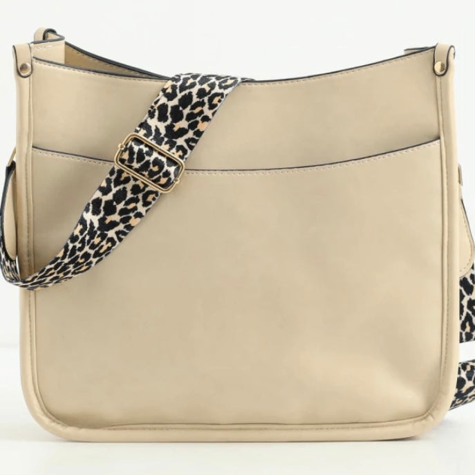 Beige Vegan Leather Crossbody Bag with Leopard Canvas Strap