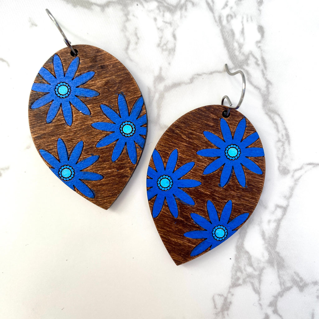 Blue Flower Wood Hand Painted Earrings