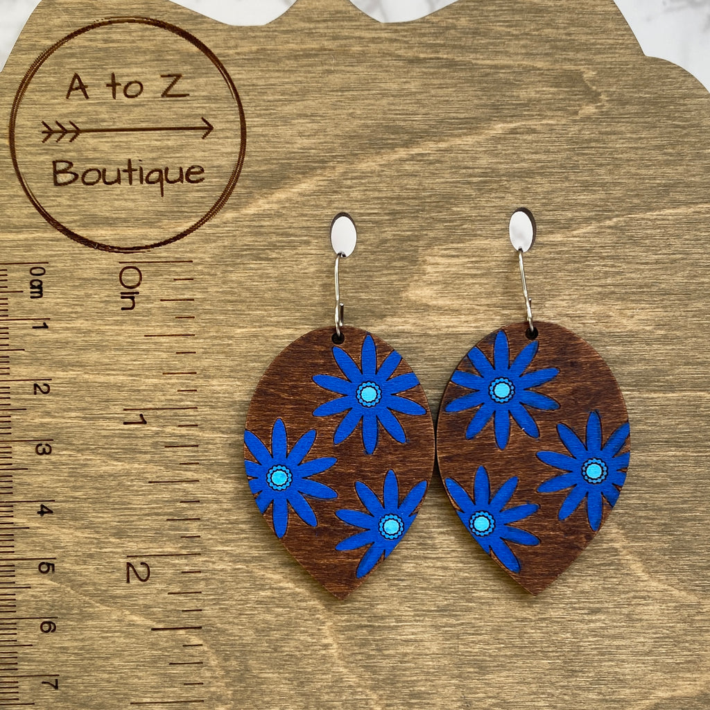 Blue Flower Wood Hand Painted Earrings