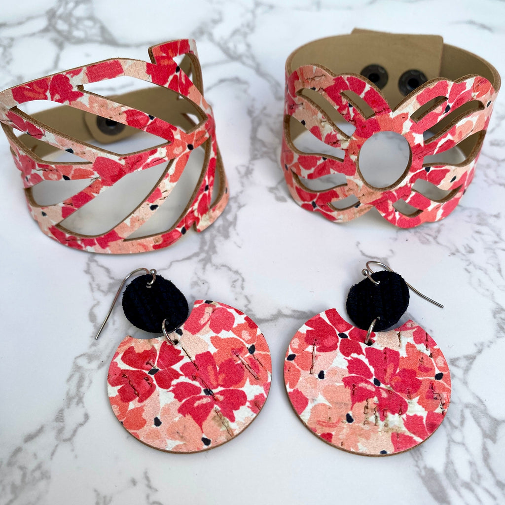 Red Floral Poppy Cork and Leather Earrings