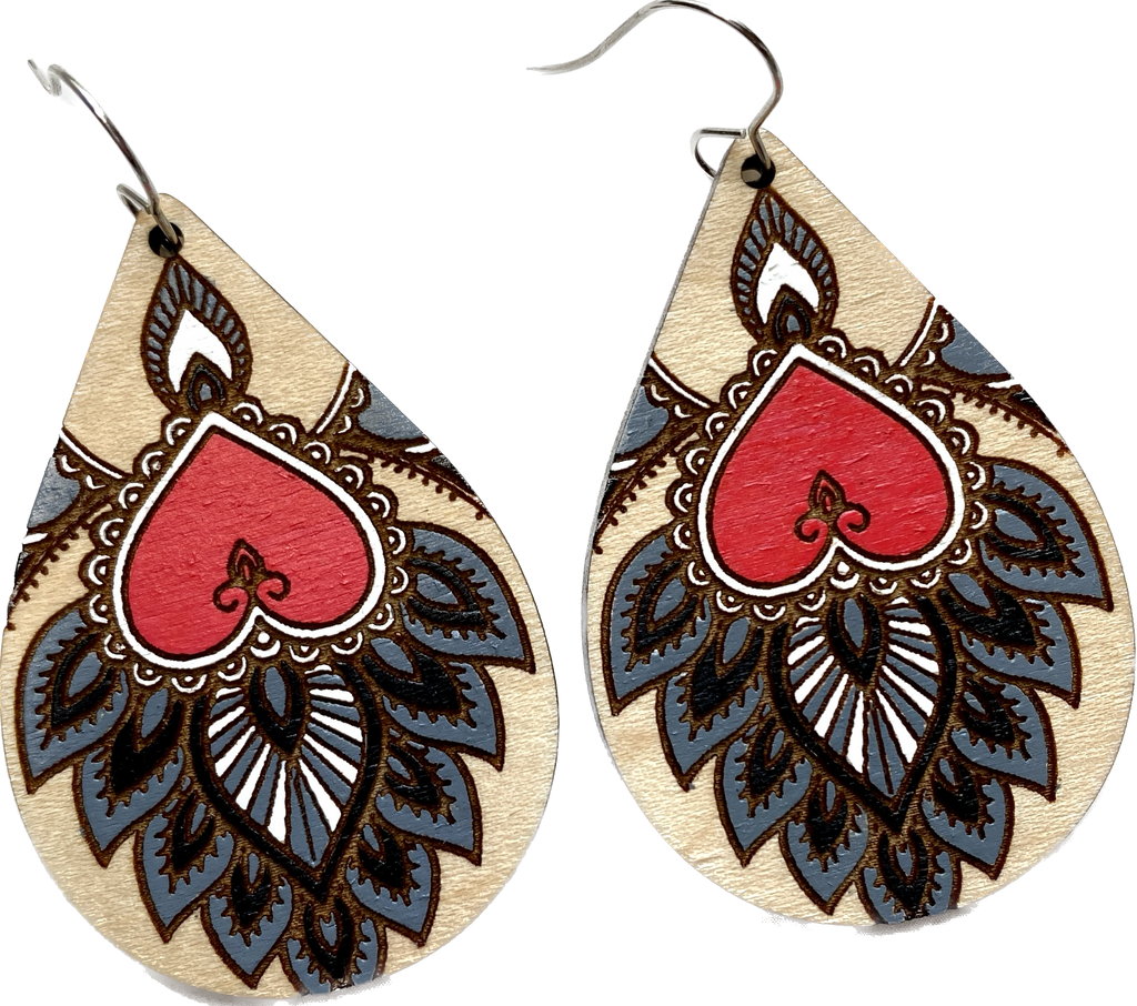 Red Heart Mandala Teardrop Wood Hand Painted Earrings
