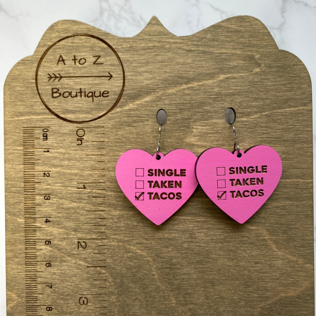 Pink Heart Taco Wood Hand Painted Earrings
