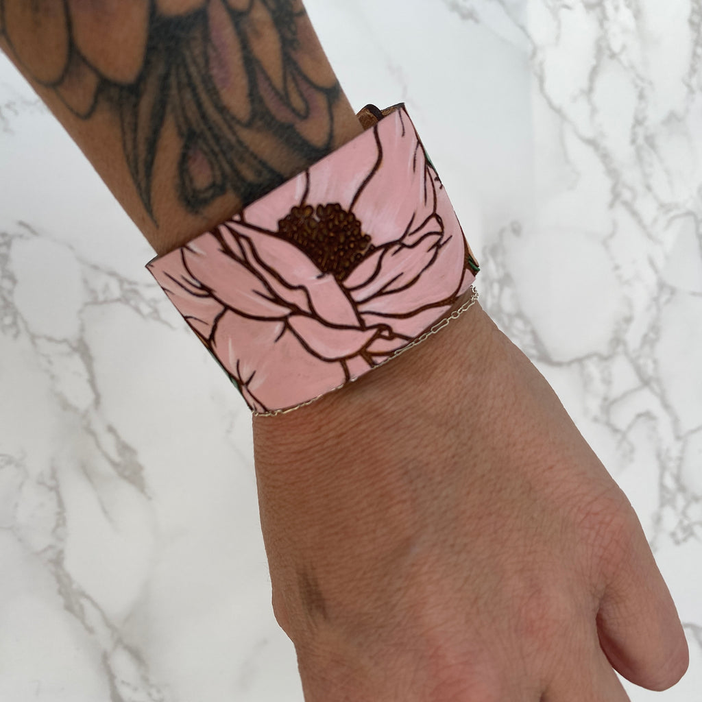 Pink Floral Hand Painted Leather Cuff
