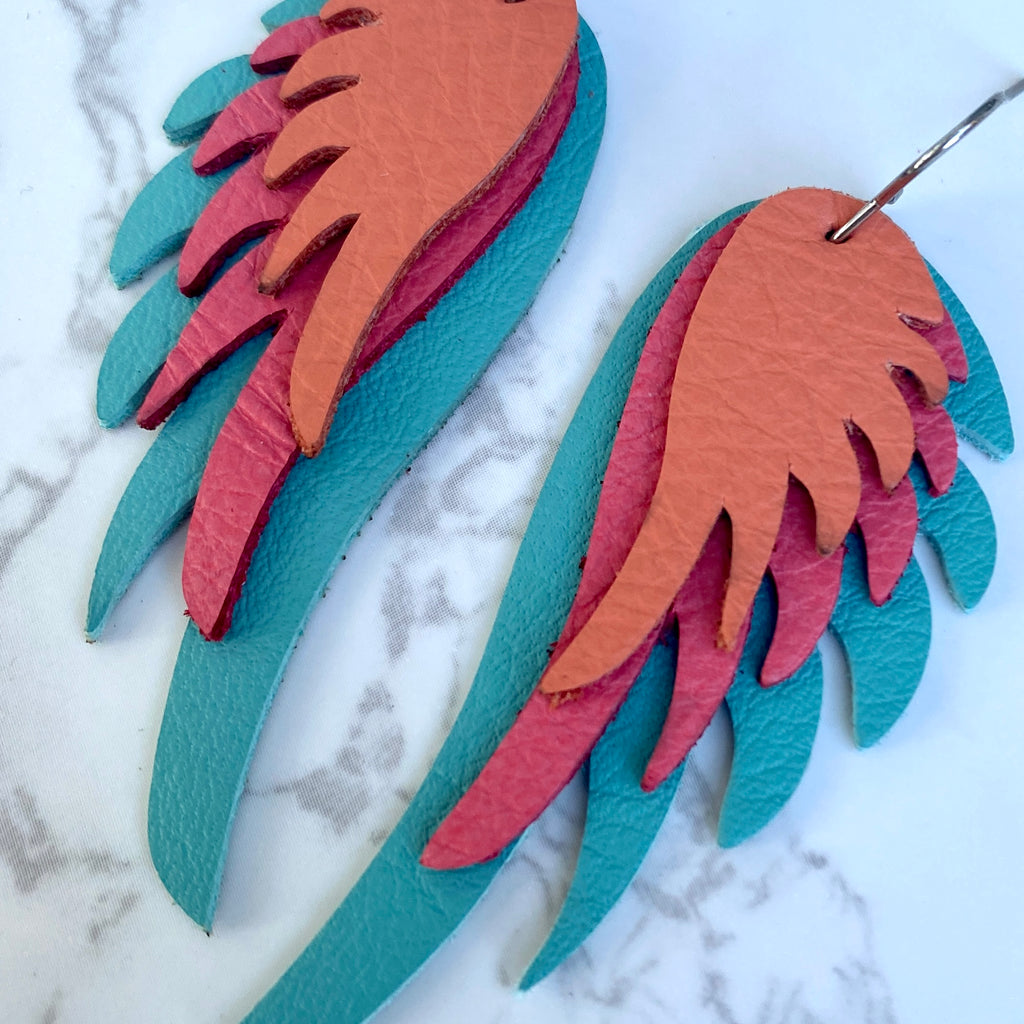 Blue Coral and Orange Leather Wing Earrings
