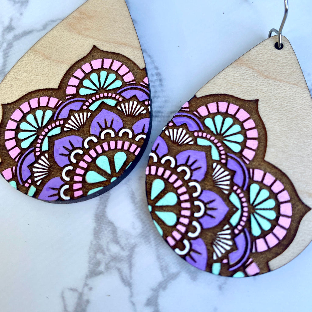Purple Pink Mint Mandala Hand Painted Earrings