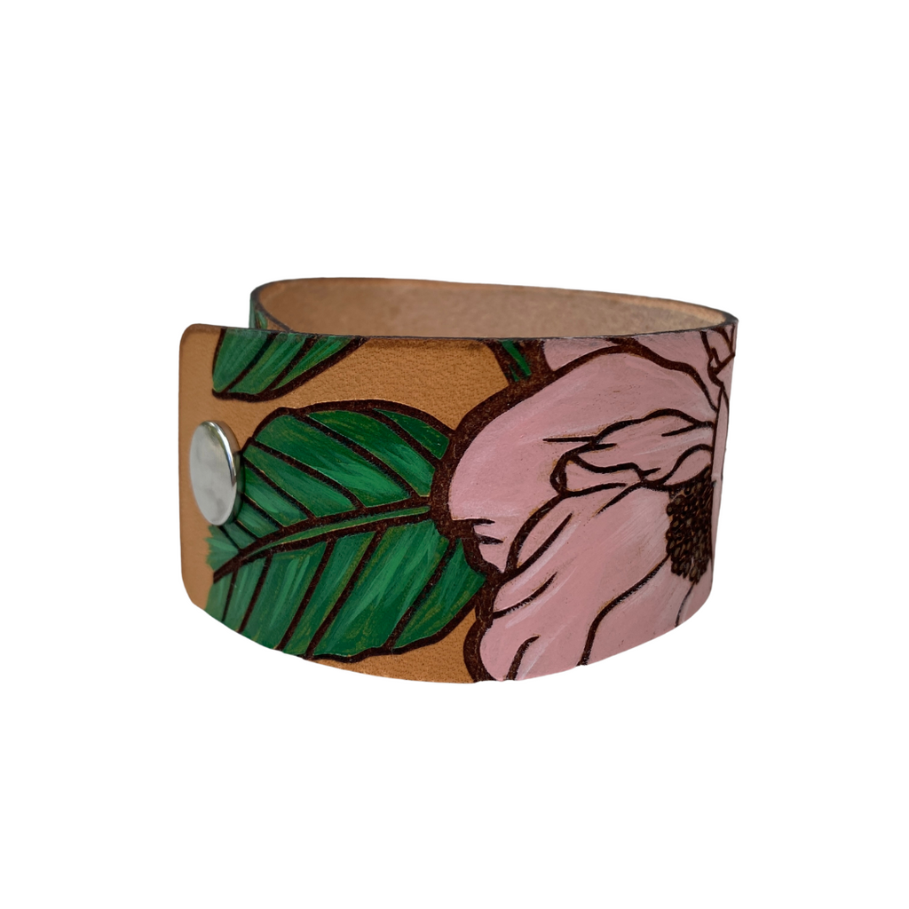 Pink Floral Hand Painted Leather Cuff