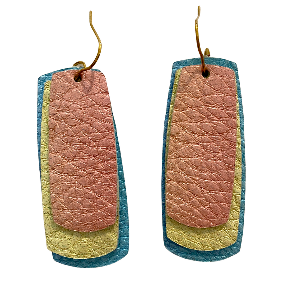 Blue Yellow Peach Triple Rectangle Leather Earrings