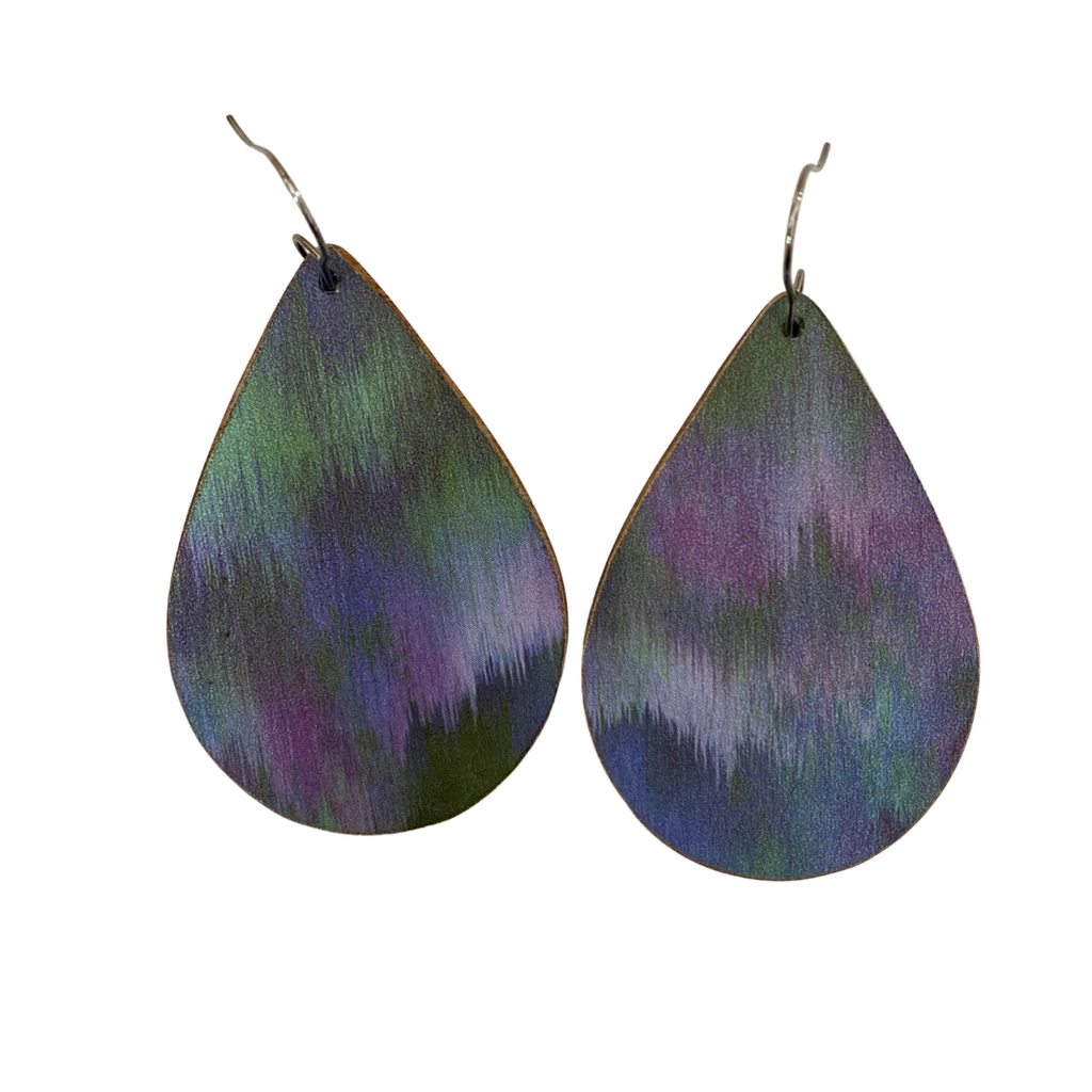 Purple Blue and Green Wood Earrings