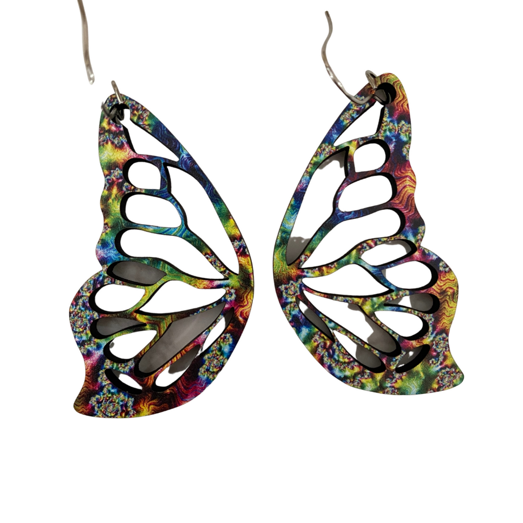 Black and Rainbow Butterfly Wings Laser Cut Wood Earrings