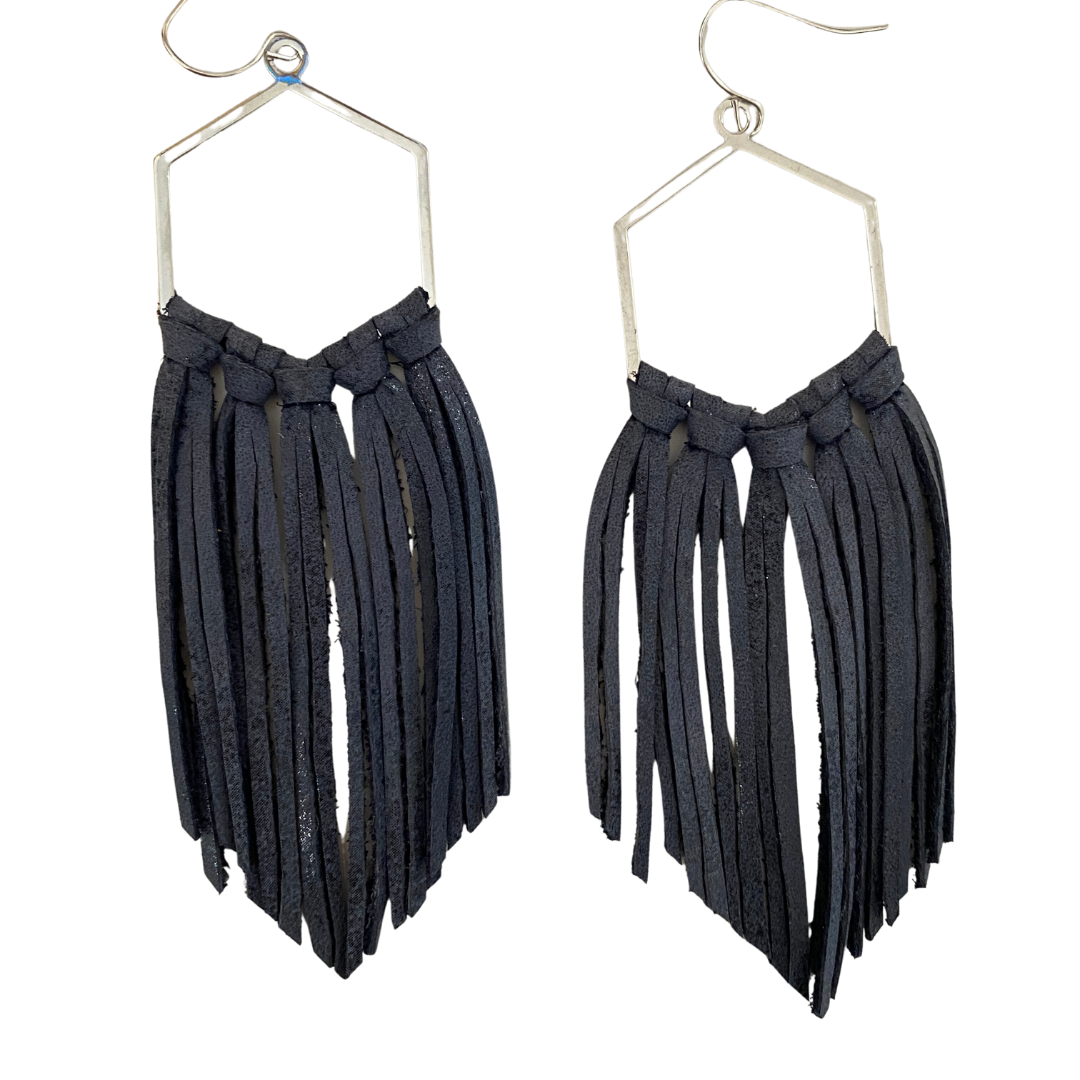 Navy Blue Leather Fringe Hoop Earrings – The A to Z Boutique