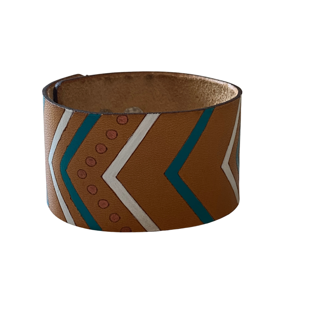 Blue White & Copper Chevron  Hand Painted Leather Cuff