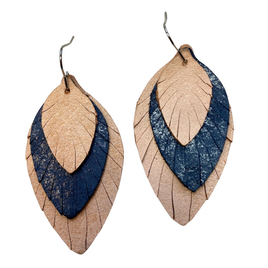 Navy and Peach Small Fat Feather Earrings