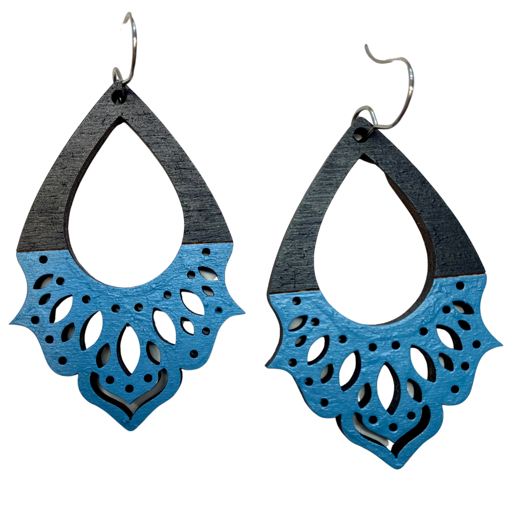 Black and Blue Lace Wood Hand Painted Earrings