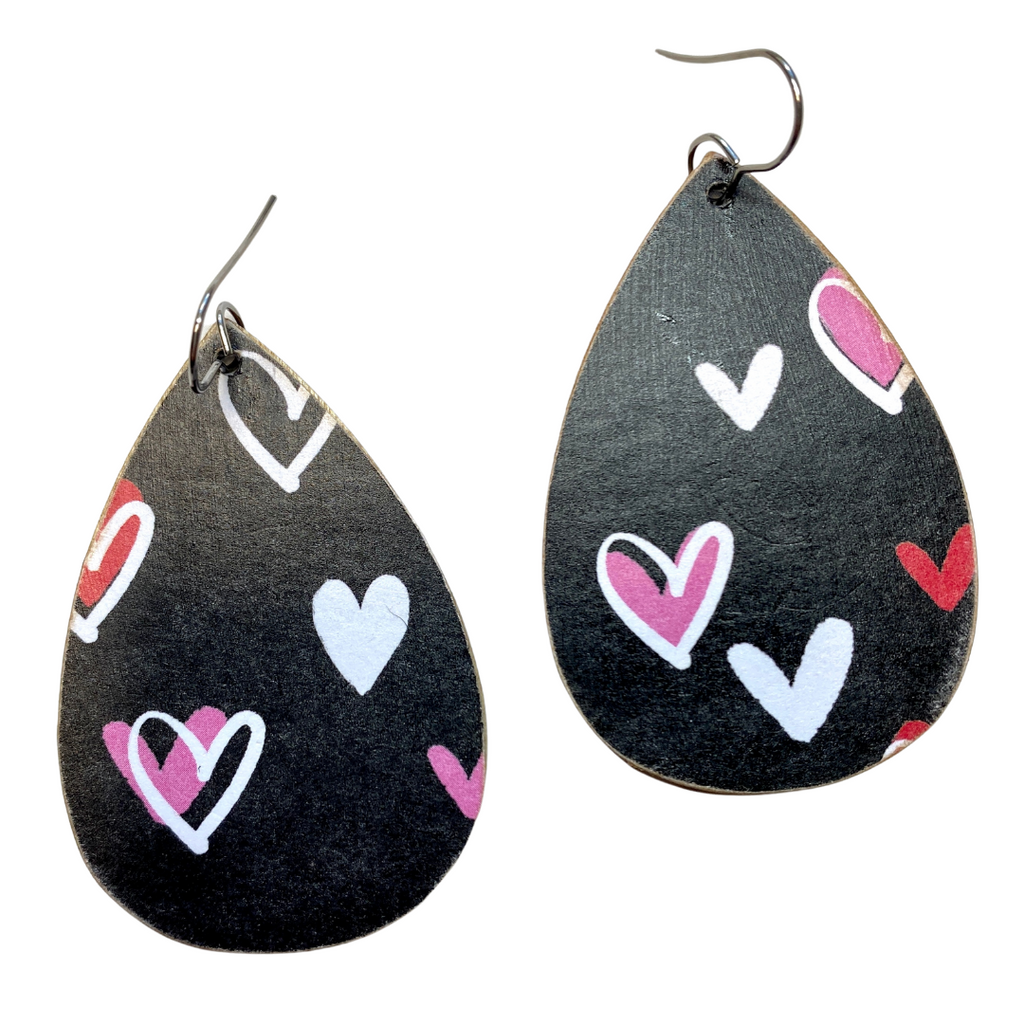 Black Red and Pink Heart Wood Earrings