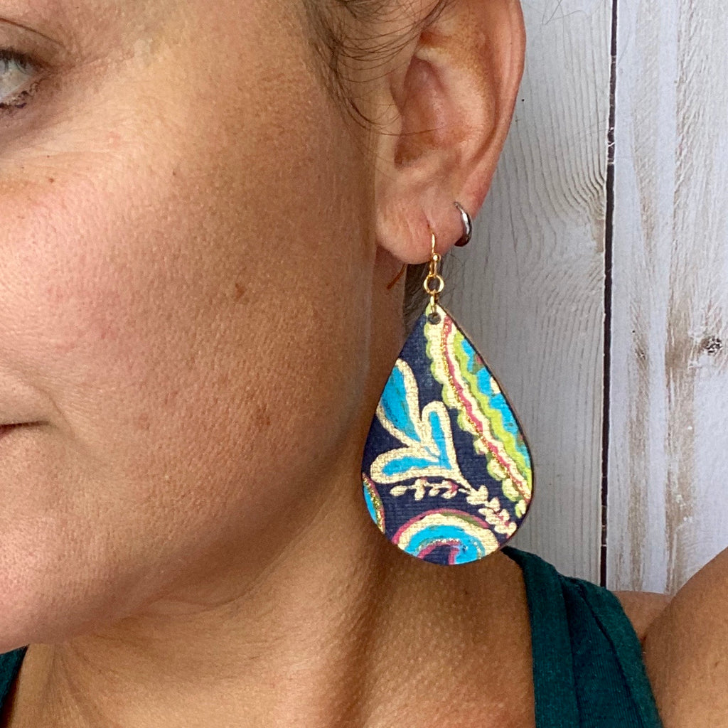 Navy and Gold Paisley Wood Earrings
