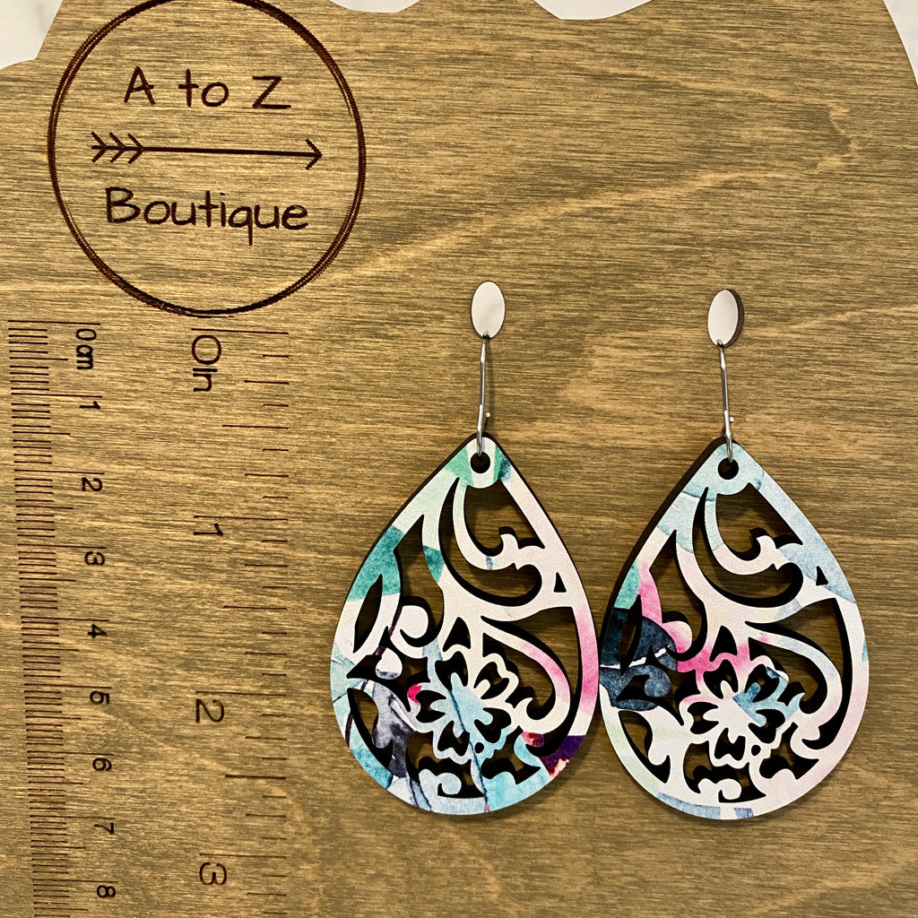 Pink and White Floral Laser Cut Wood Earrings