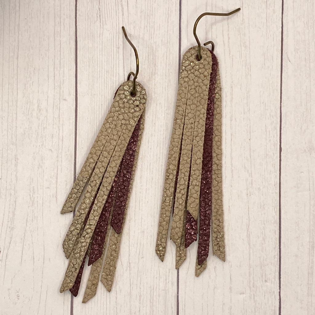 2.75” Taupe and Burgundy Leather Fringe Earrings