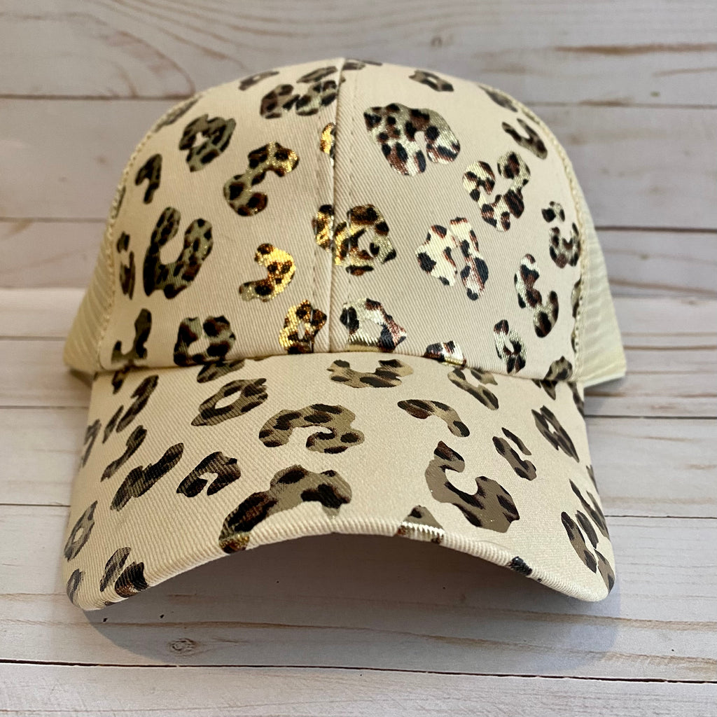 Cream Foil Animal Print Criss Cross Ponytail Hat