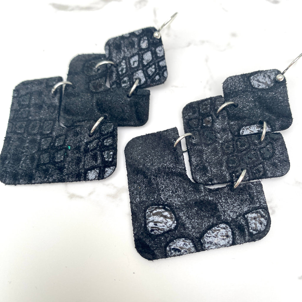 Black Snake Pattern Stacked Chevron Leather Earrings