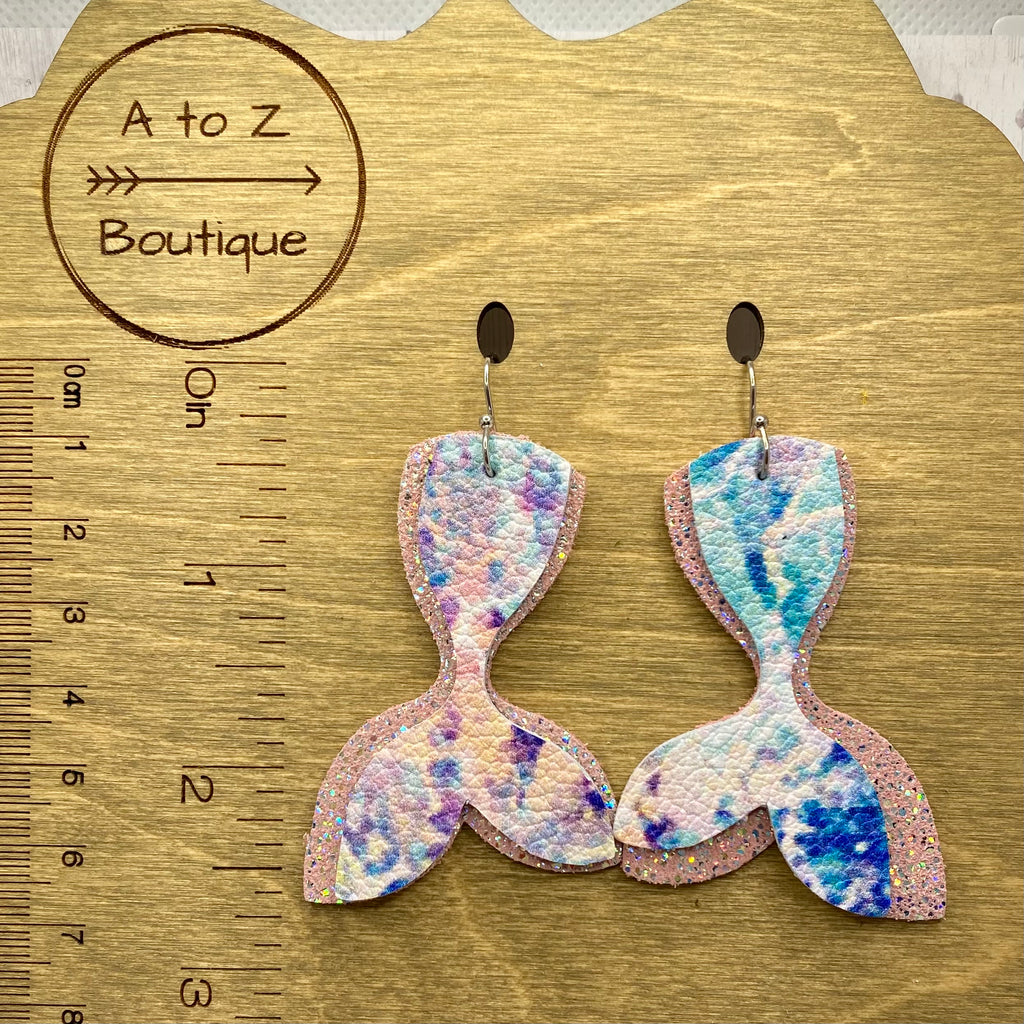 Pink and Blue Watercolor Leather Mermaid Tail Earrings