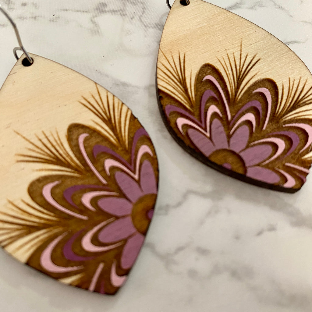 Mauve Pink Flower Wood Hand Painted Earrings