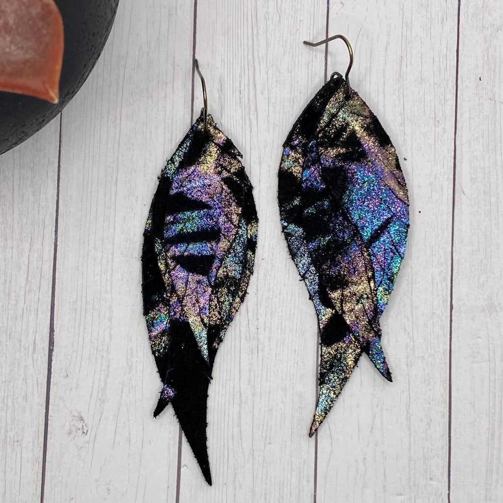 Black and Iridescent Leather Feather Earrings