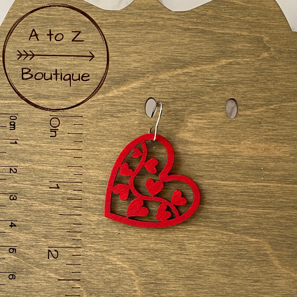 Red Heart Cutout Wood Earrings