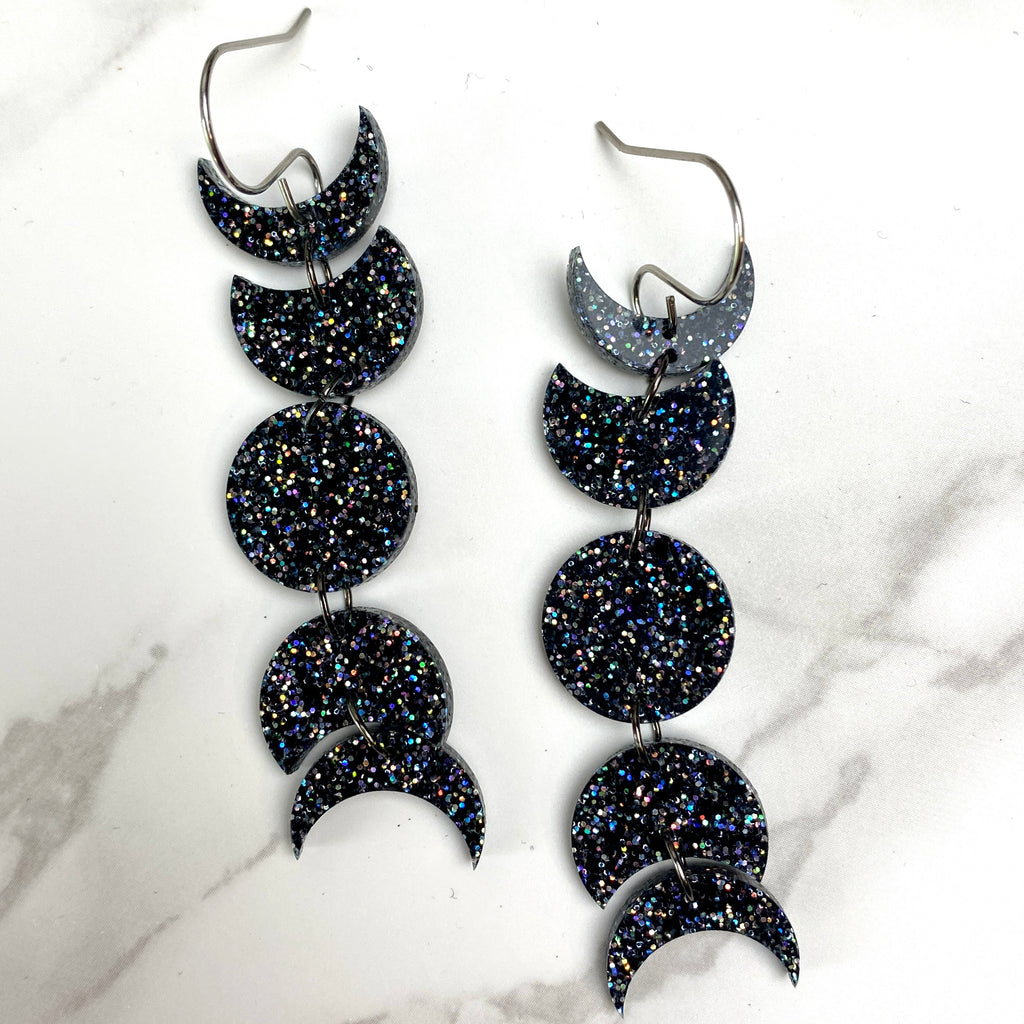 Black Sparkle Acrylic Moon Phase Earrings