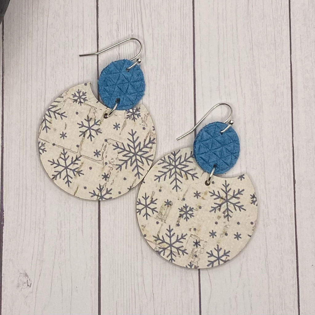 Blue and Ivory Snowflake Leather Earrings