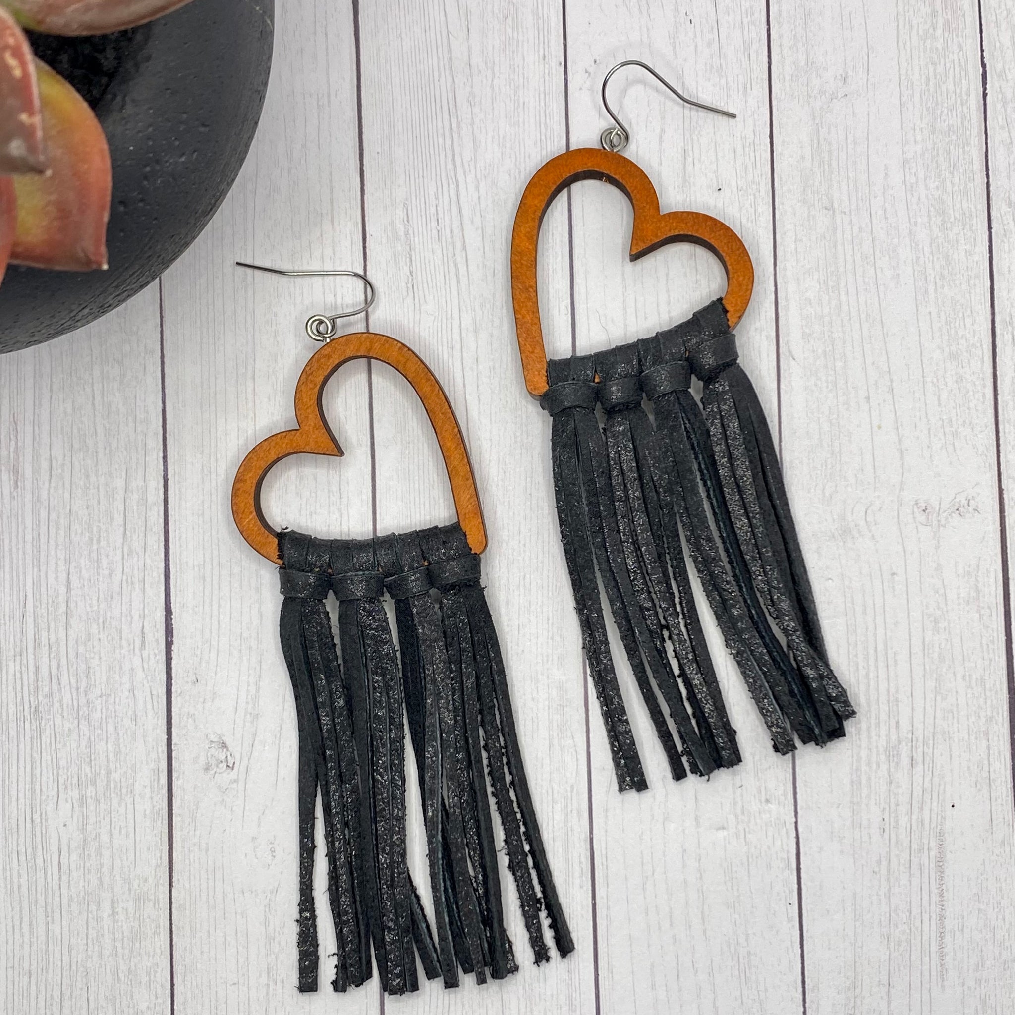 Hoop Earrings Long Leather Fringe Earrings Black Leather Fringe