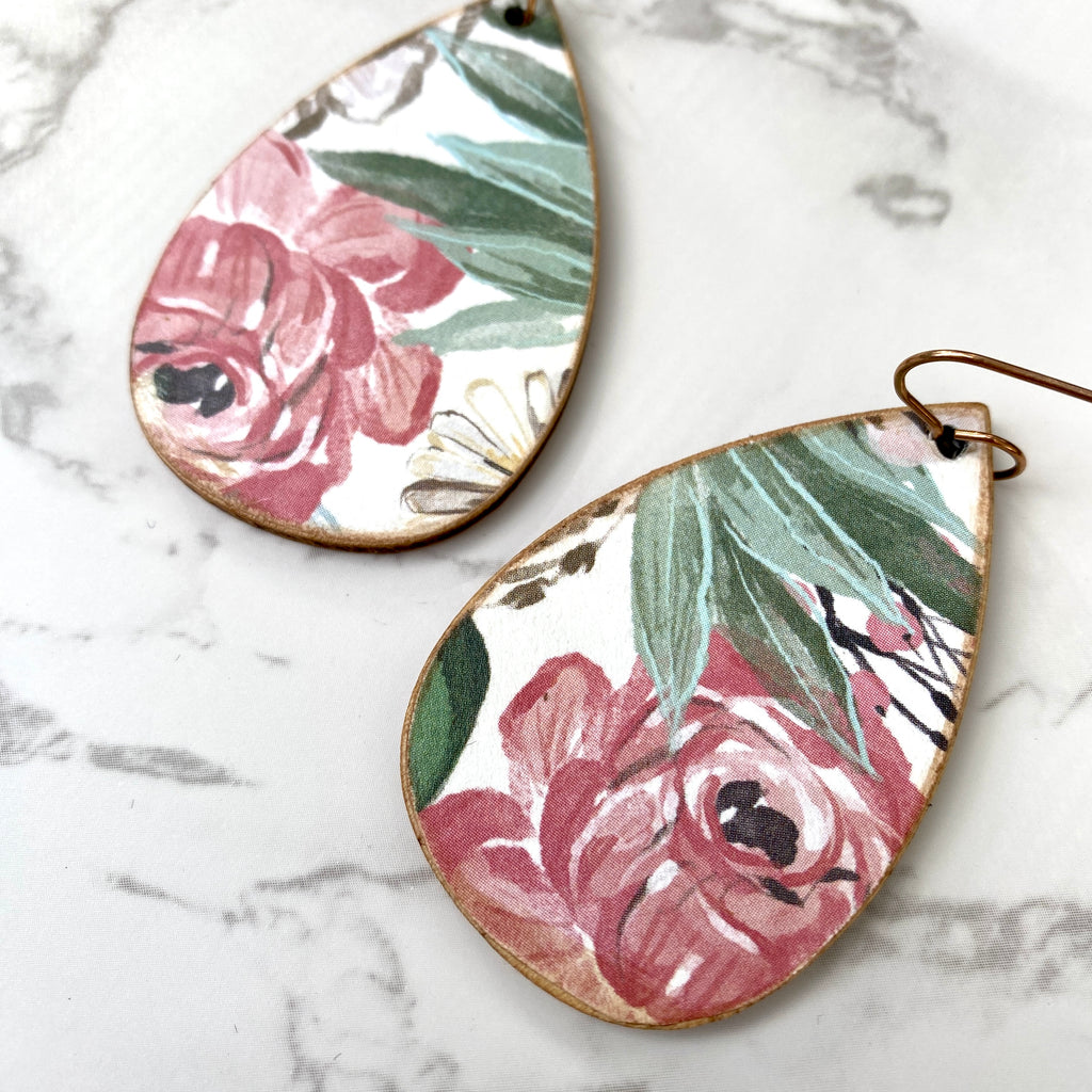 Pink and Green Floral Wood Earrings