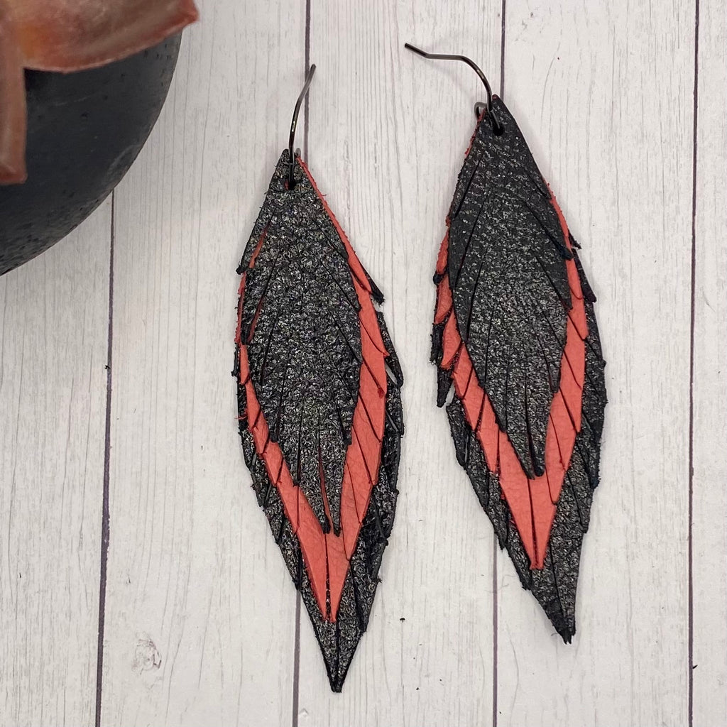 Black and Coral Leather Skinny Feather Earrings