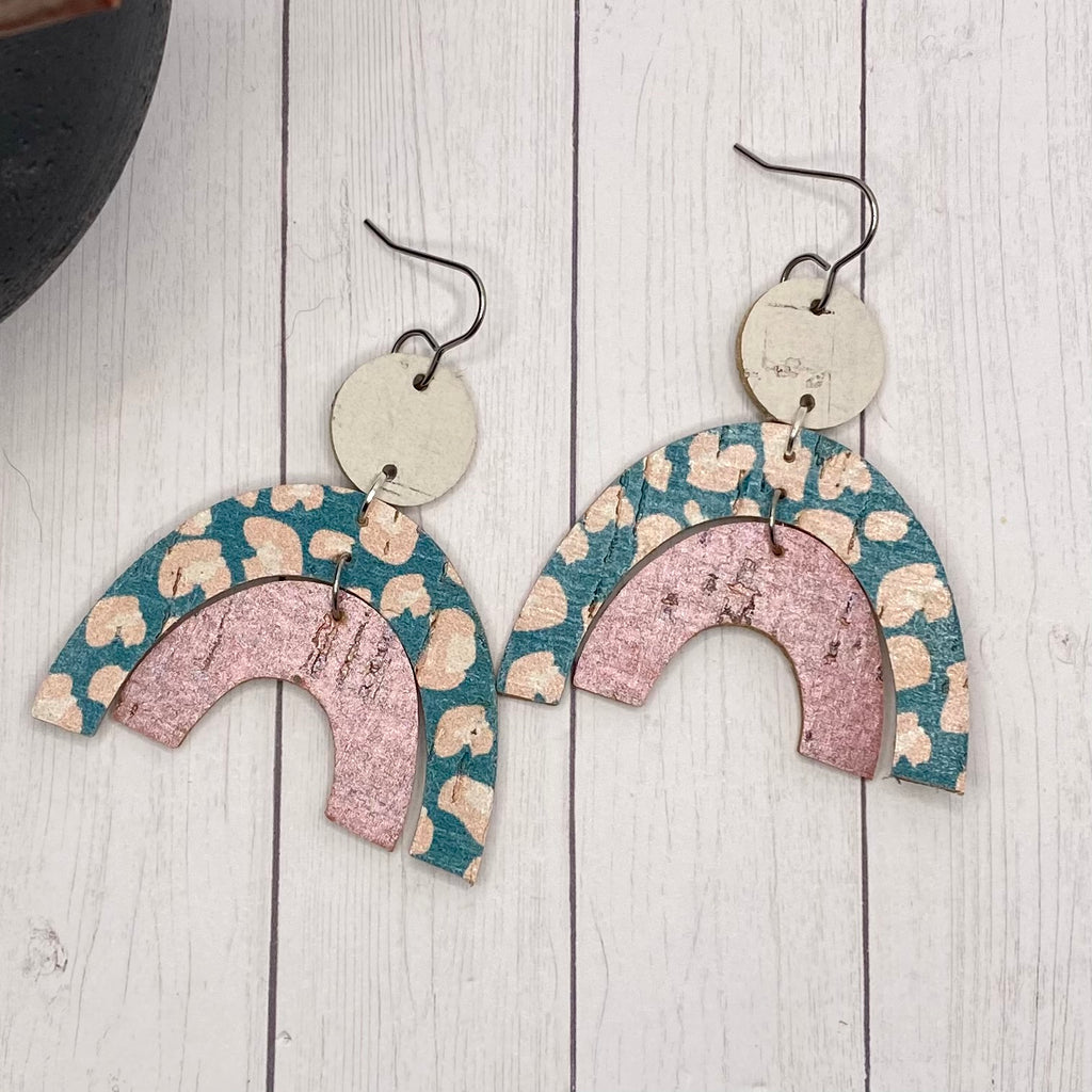 Green and Pink  Animal Print Leather and Cork Double Arch Earrings