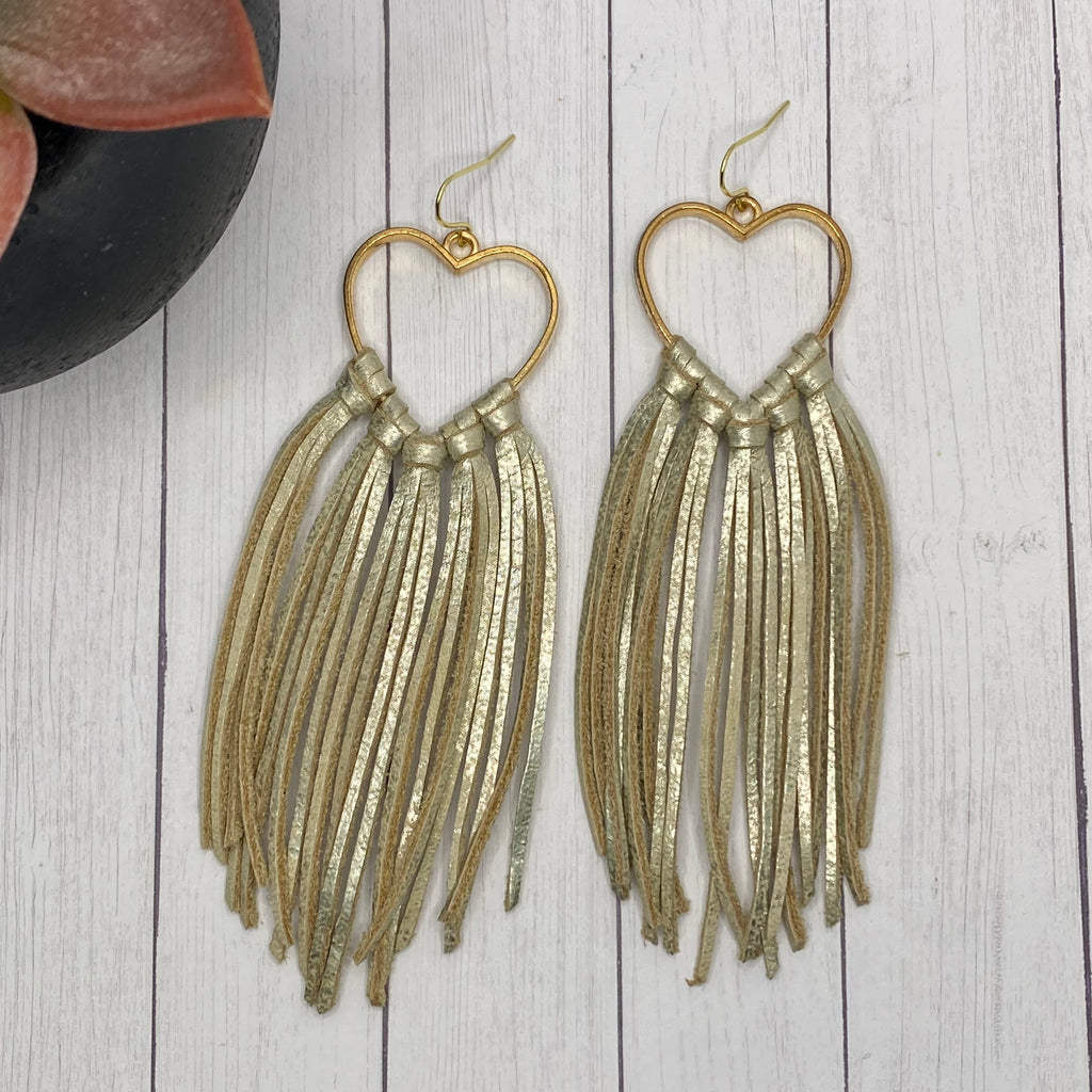 Gold Leather Fringe Heart Hoop Earrings