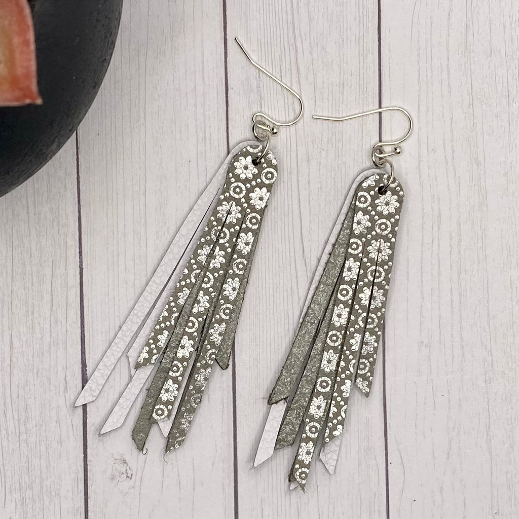 2.75” Genuine Leather White and Silver Fringe Earrings