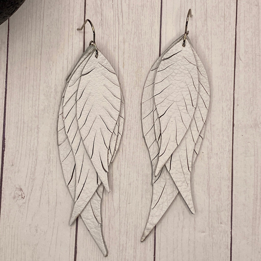 White Genuine Leather Feather Earrings