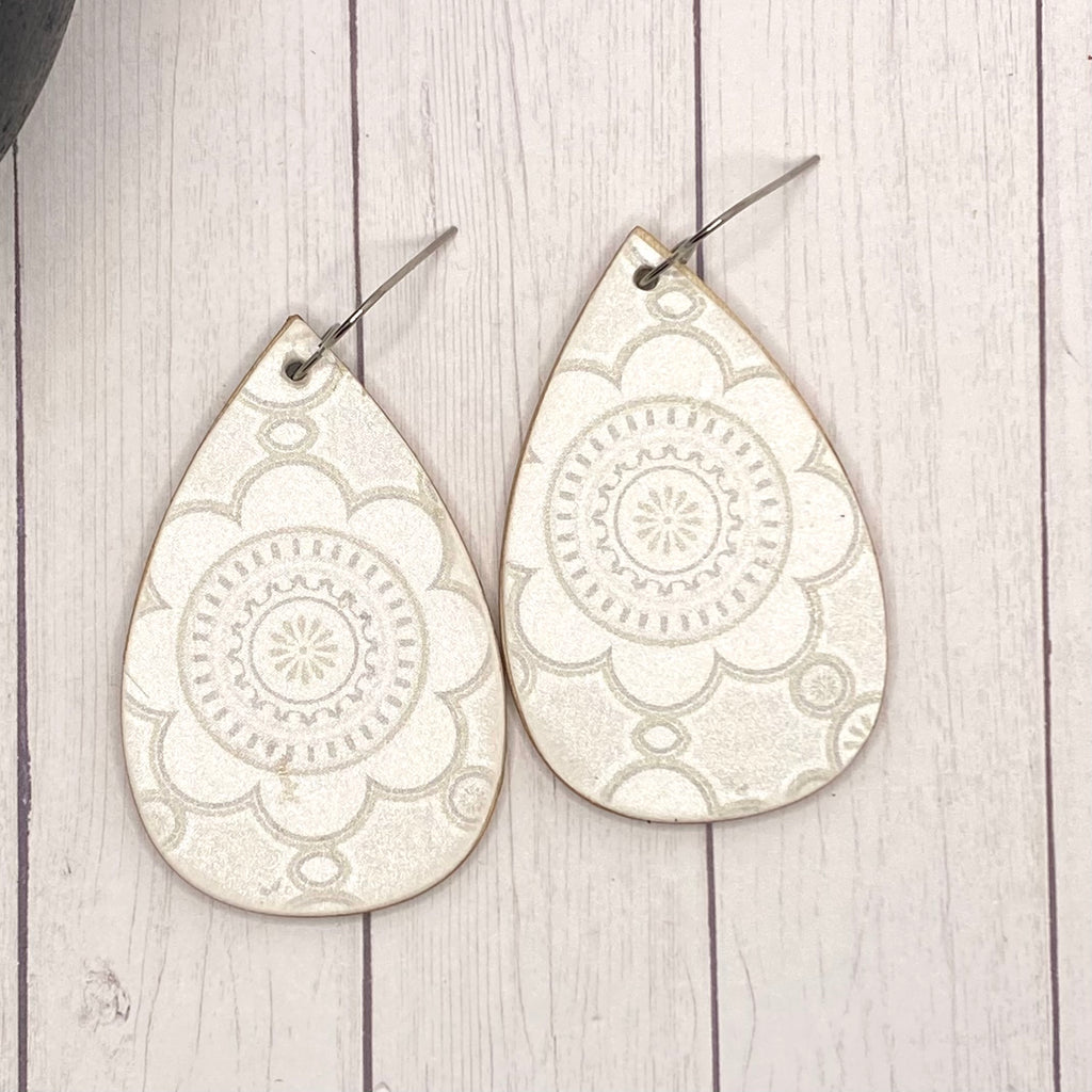 White Floral Print Wood Earrings