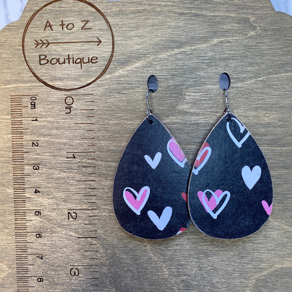 Black Red and Pink Heart Wood Earrings