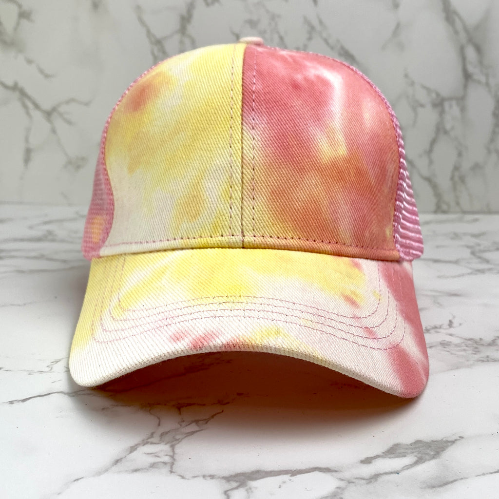 Pink and Yellow Tie Dye Ponytail Hat