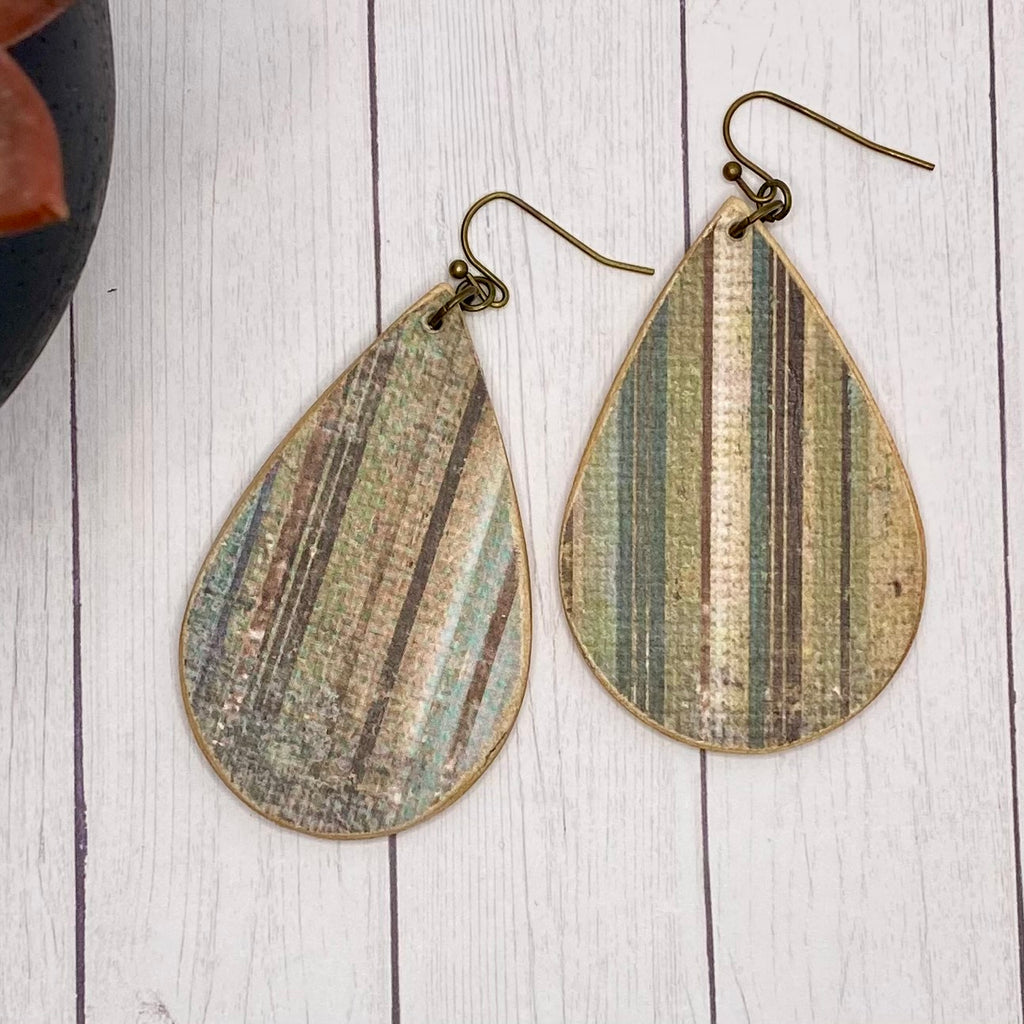 Blue and Green Distressed Striped Wood Earrings