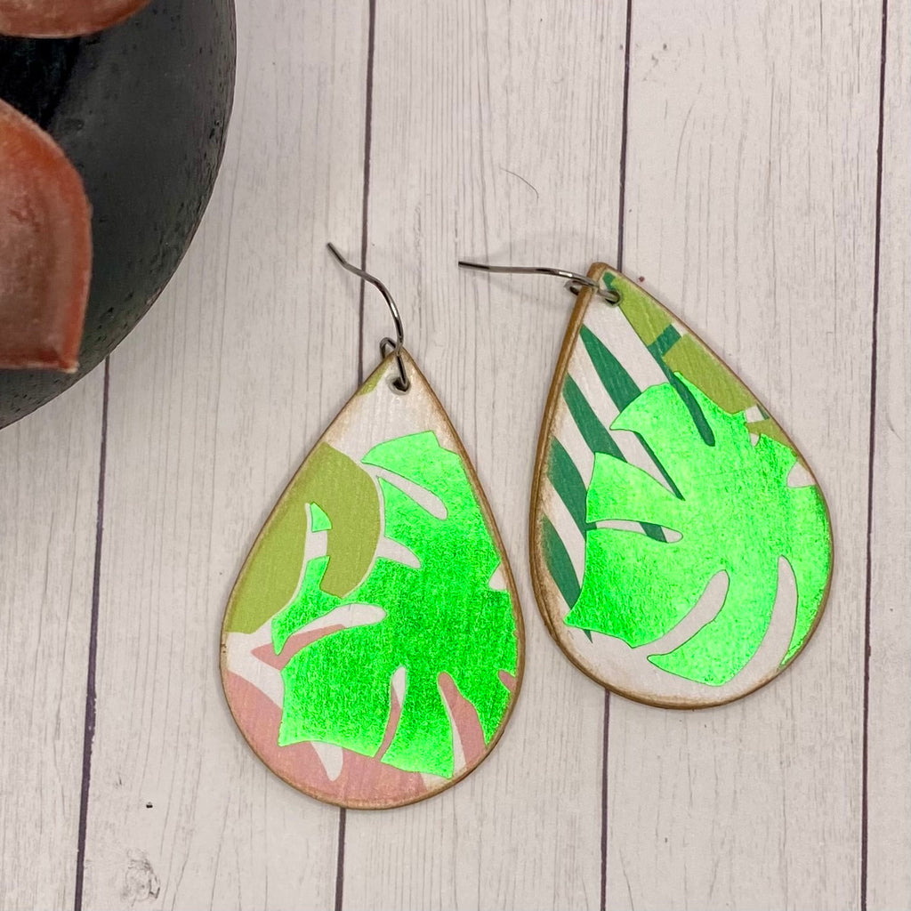 Pink and Green Leaf Wood Earrings